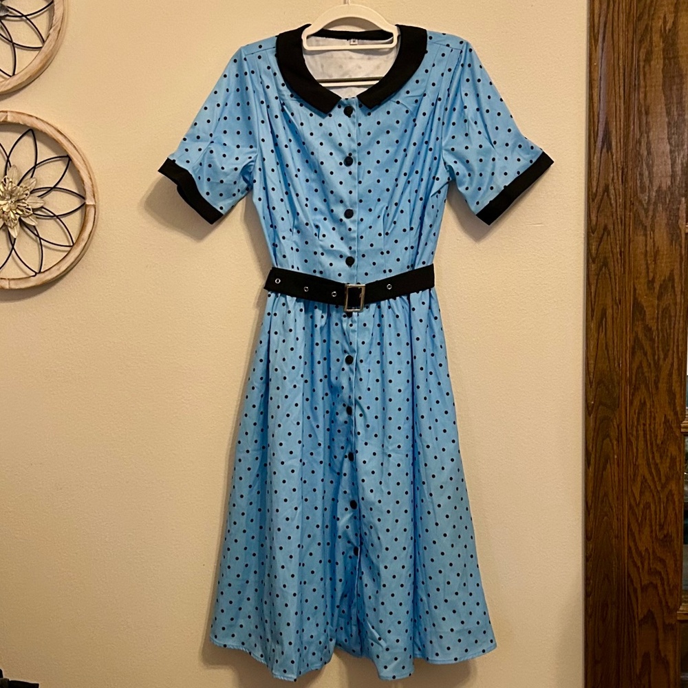 NWOT, Women’s Blue and Black Polka-Dot Dress, Size Medium